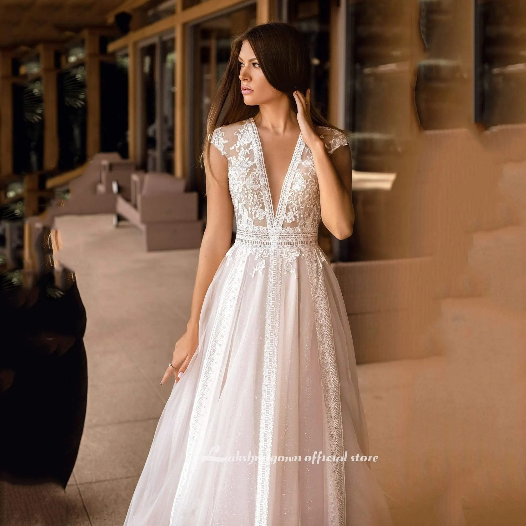 Roycebridal V Neck Wedding Dresses A Line Cap Sleeve