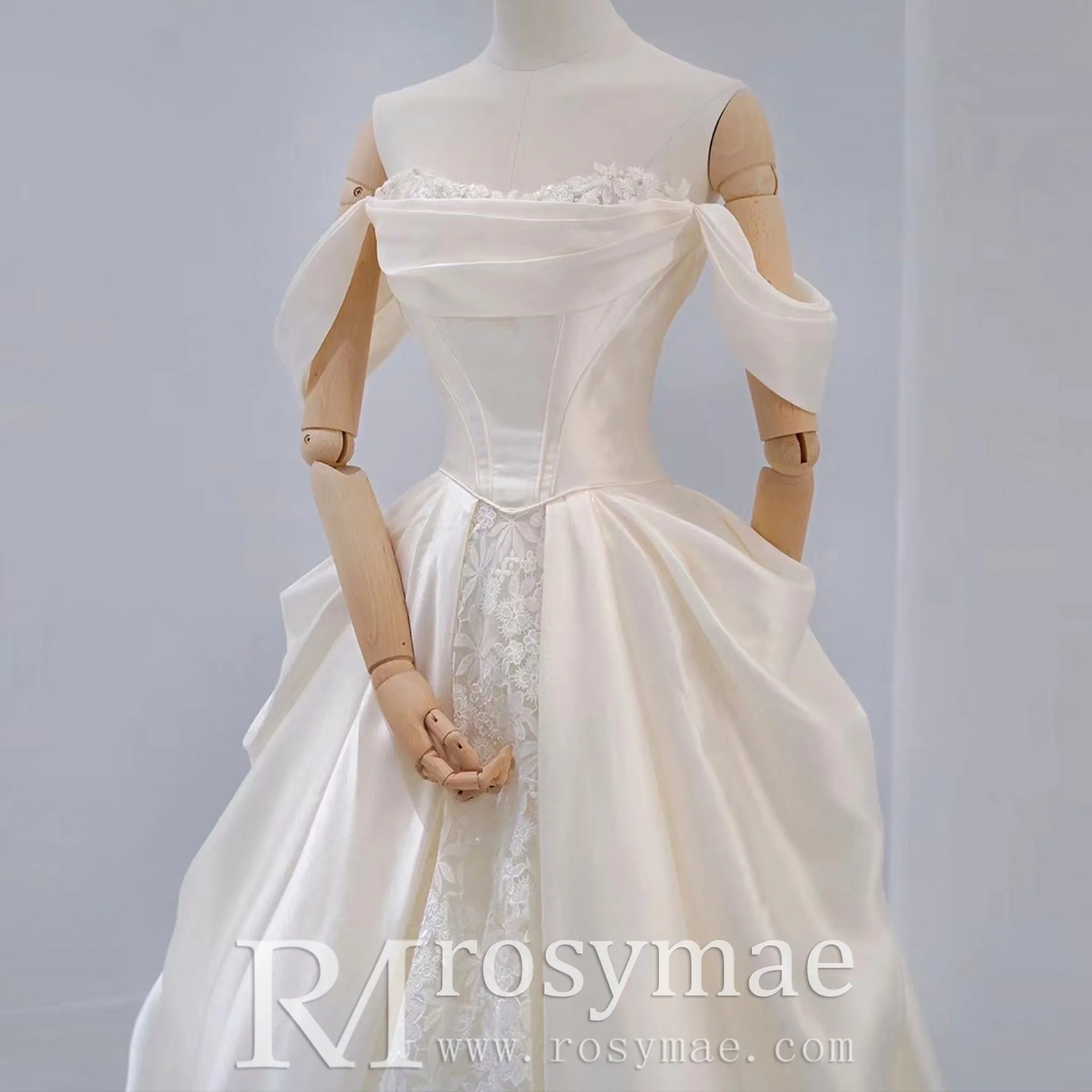 Ruched Satin Lace A-line Wedding Dresses with Off Shoulder