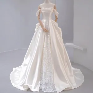 Ruched Satin Lace A-line Wedding Dresses with Off Shoulder