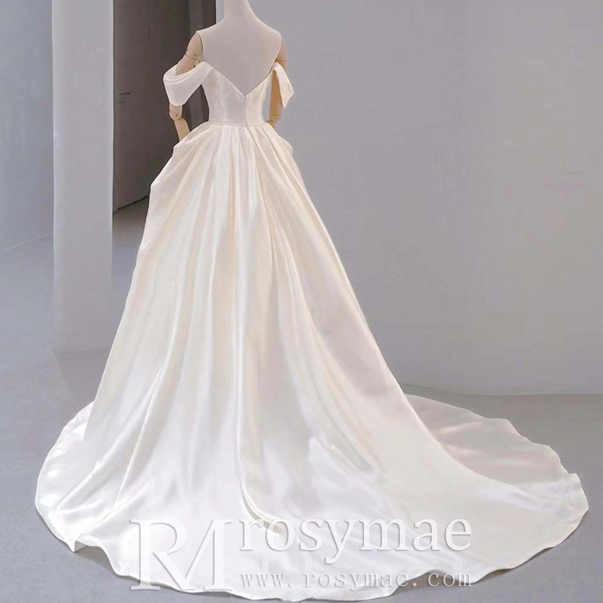 Ruched Satin Lace A-line Wedding Dresses with Off Shoulder