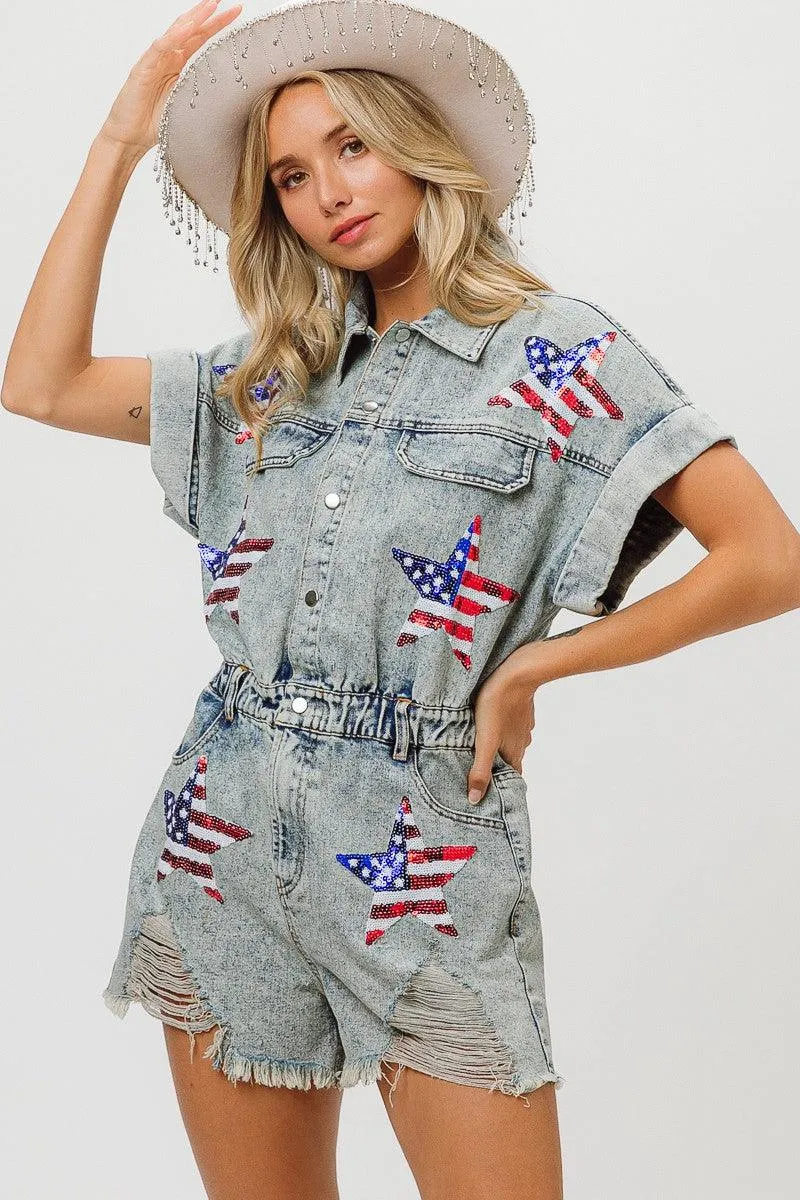 Sequin Star Denim Romper