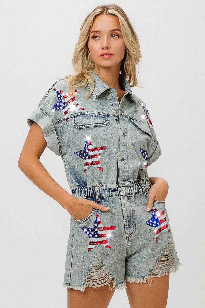Sequin Star Denim Romper