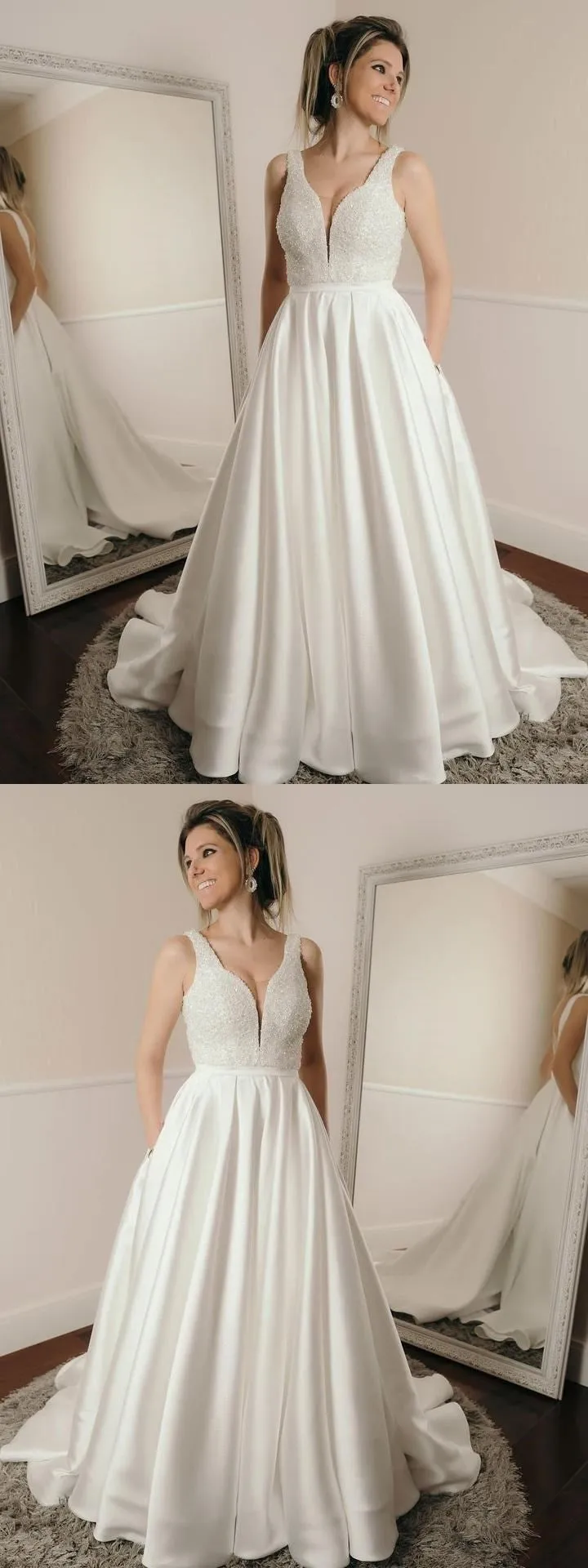 Sexy Backless V Neck A-line Custom Wedding Dresses Online, WD350