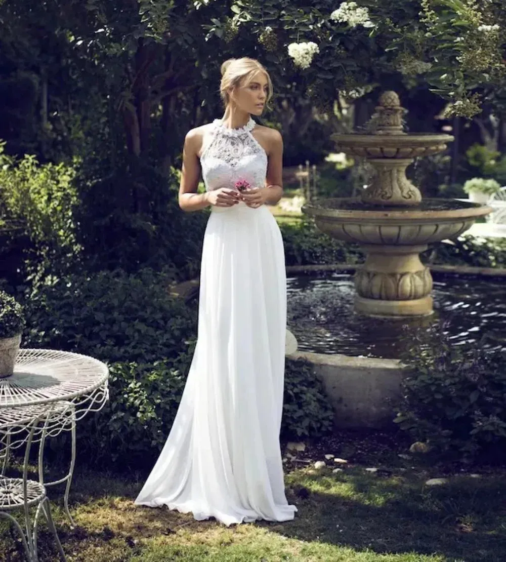 Sexy Halter Wedding Dresses White Lace Appliques Flowers A-Line Chiffon Long Dresses For Women Party Dress Custom Vestidos