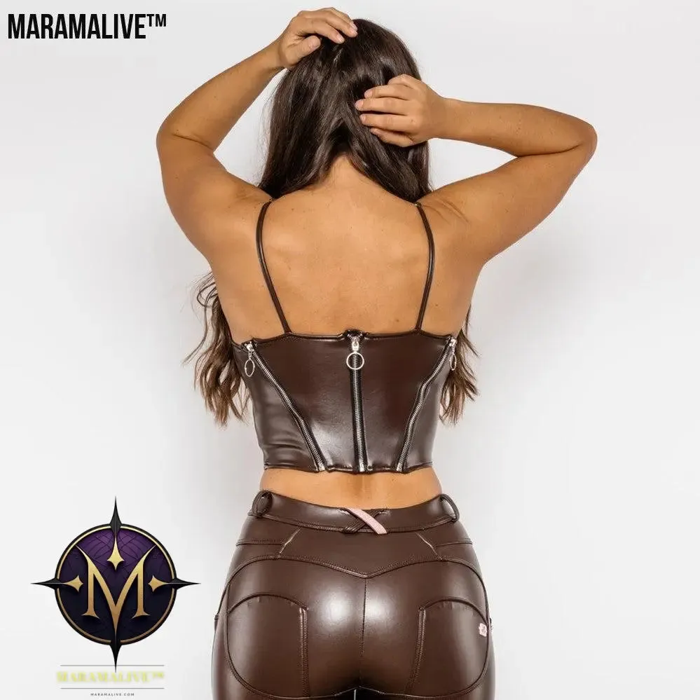 Shascullfites Melody Brown Pu Leather Shapers Zippers Crop Top Gothic Women Slim Fit Tops Sleeveless Straps Tank Top