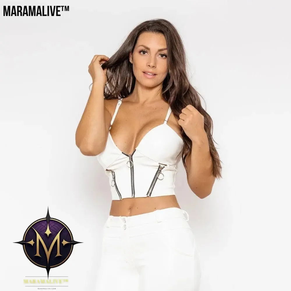 Shascullfites Melody White Pu Leather Shapers Zippers Crop Top Gothic Women Slim Fit Tops Sleeveless Straps Tank Top
