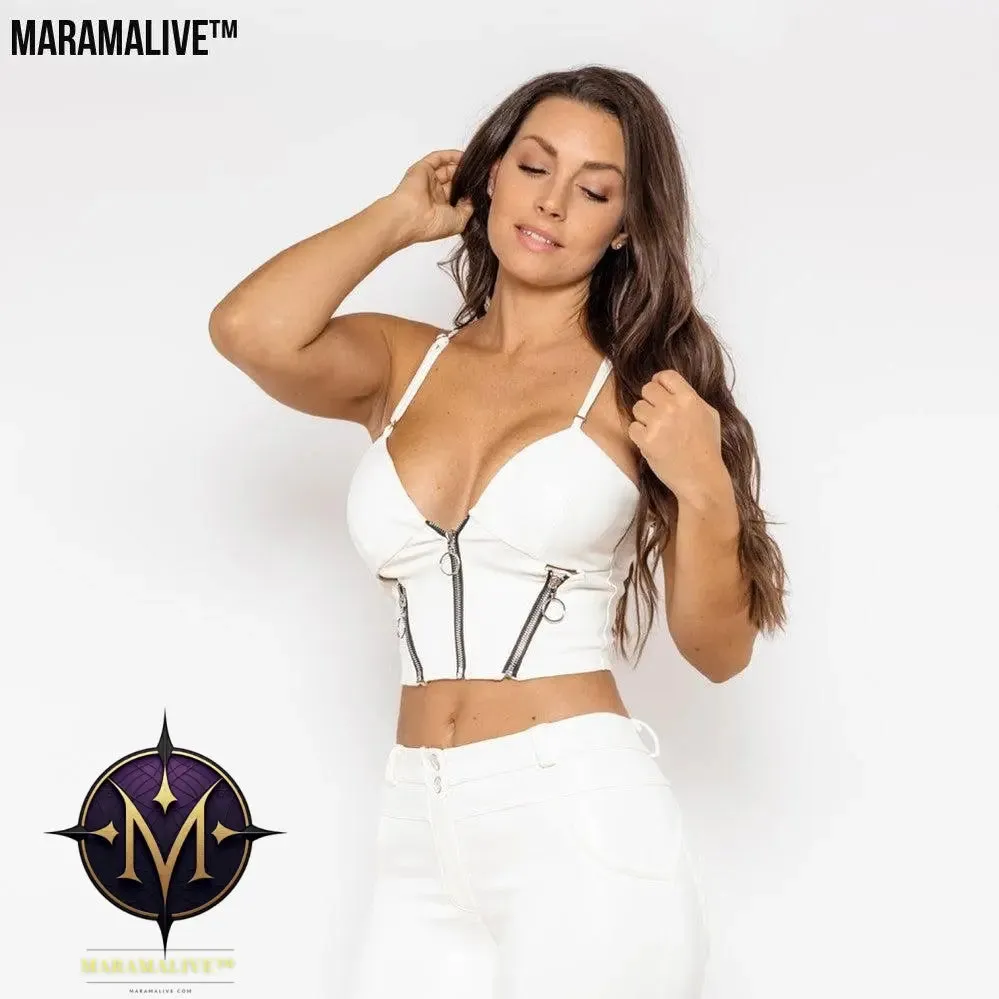 Shascullfites Melody White Pu Leather Shapers Zippers Crop Top Gothic Women Slim Fit Tops Sleeveless Straps Tank Top