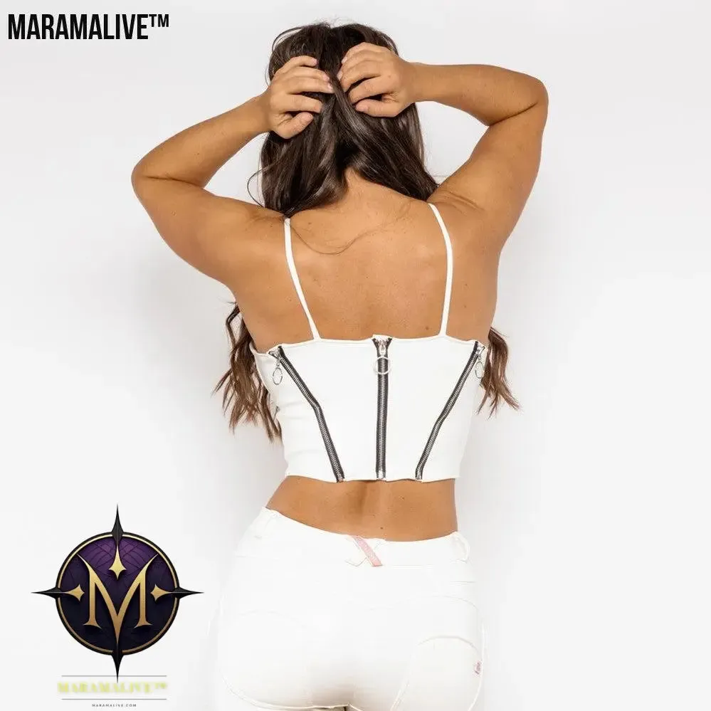 Shascullfites Melody White Pu Leather Shapers Zippers Crop Top Gothic Women Slim Fit Tops Sleeveless Straps Tank Top