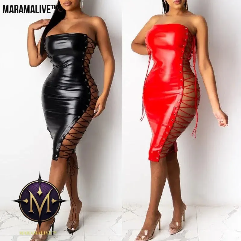 Sheath Dress Corns Lace-up Leather Skirt
