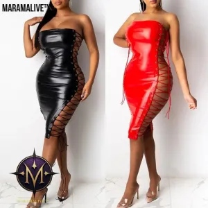 Sheath Dress Corns Lace-up Leather Skirt