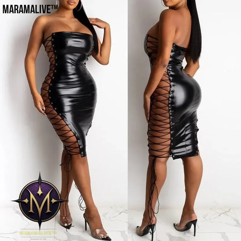 Sheath Dress Corns Lace-up Leather Skirt