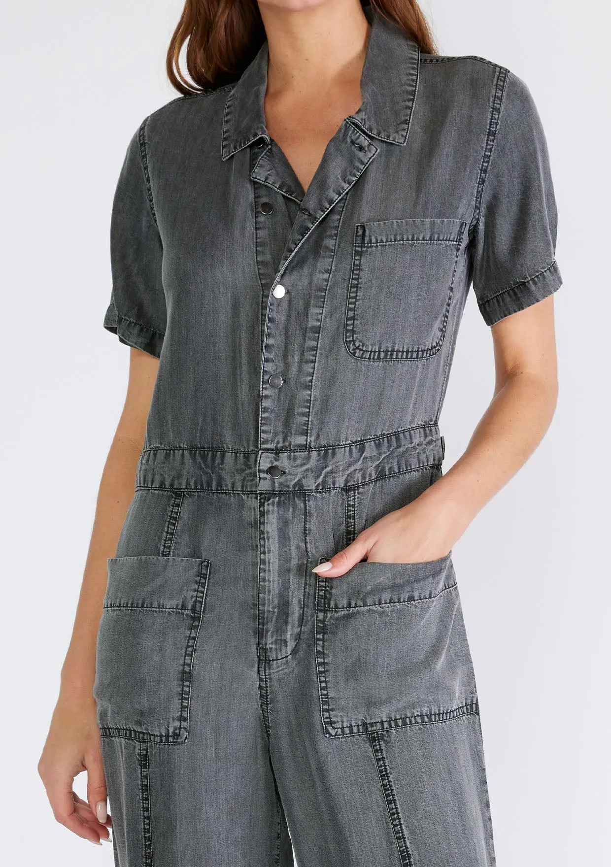 Short Sleeve Collared Button Front Jumpsuit