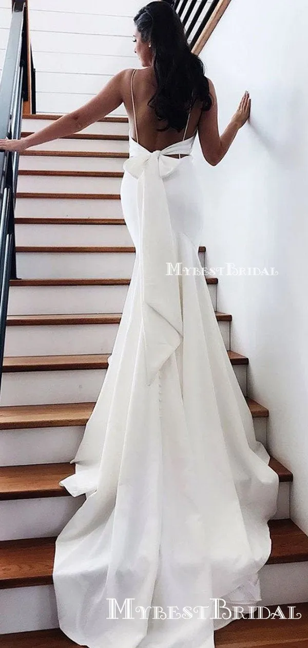 Simple Spaghetti Strap White Chiffon Mermiad Long Cheap Formal Evening Prom Dresses With Bow, PDS0040