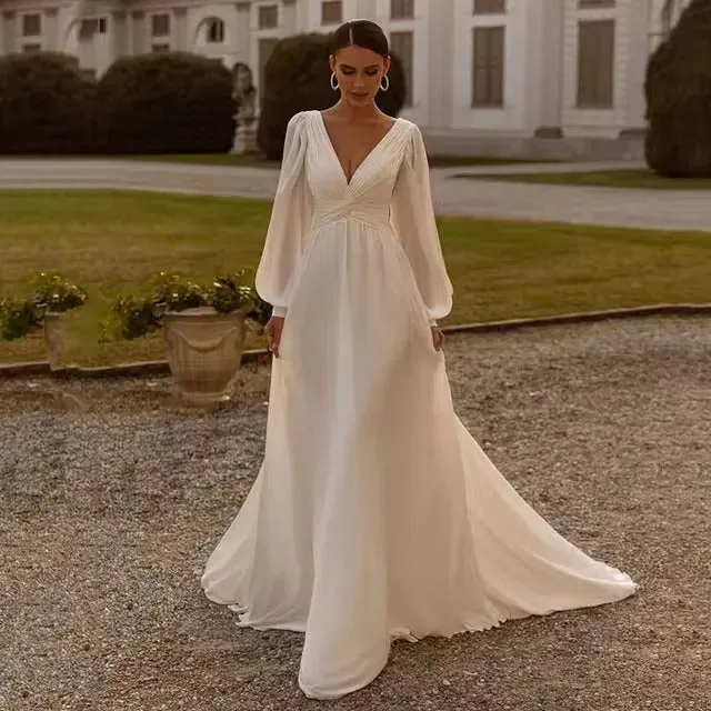 Simple Wedding Dresses For Women A-Line Satin Bridal Gowns V-Neck Backless Long Puff Sleeves Robes Pretty Vestidos De Novia