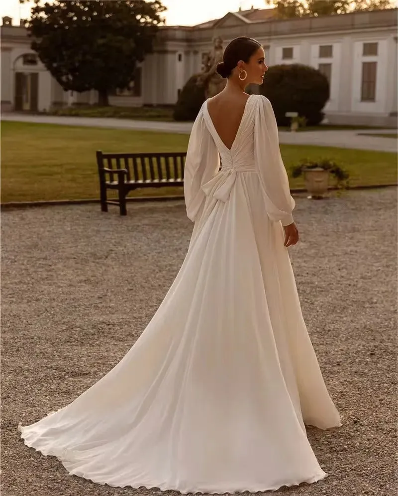 Simple Wedding Dresses For Women A-Line Satin Bridal Gowns V-Neck Backless Long Puff Sleeves Robes Pretty Vestidos De Novia