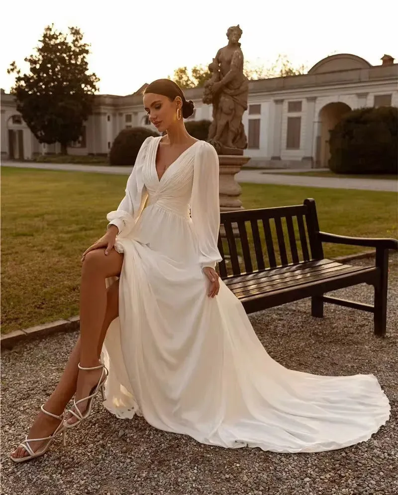 Simple Wedding Dresses For Women A-Line Satin Bridal Gowns V-Neck Backless Long Puff Sleeves Robes Pretty Vestidos De Novia