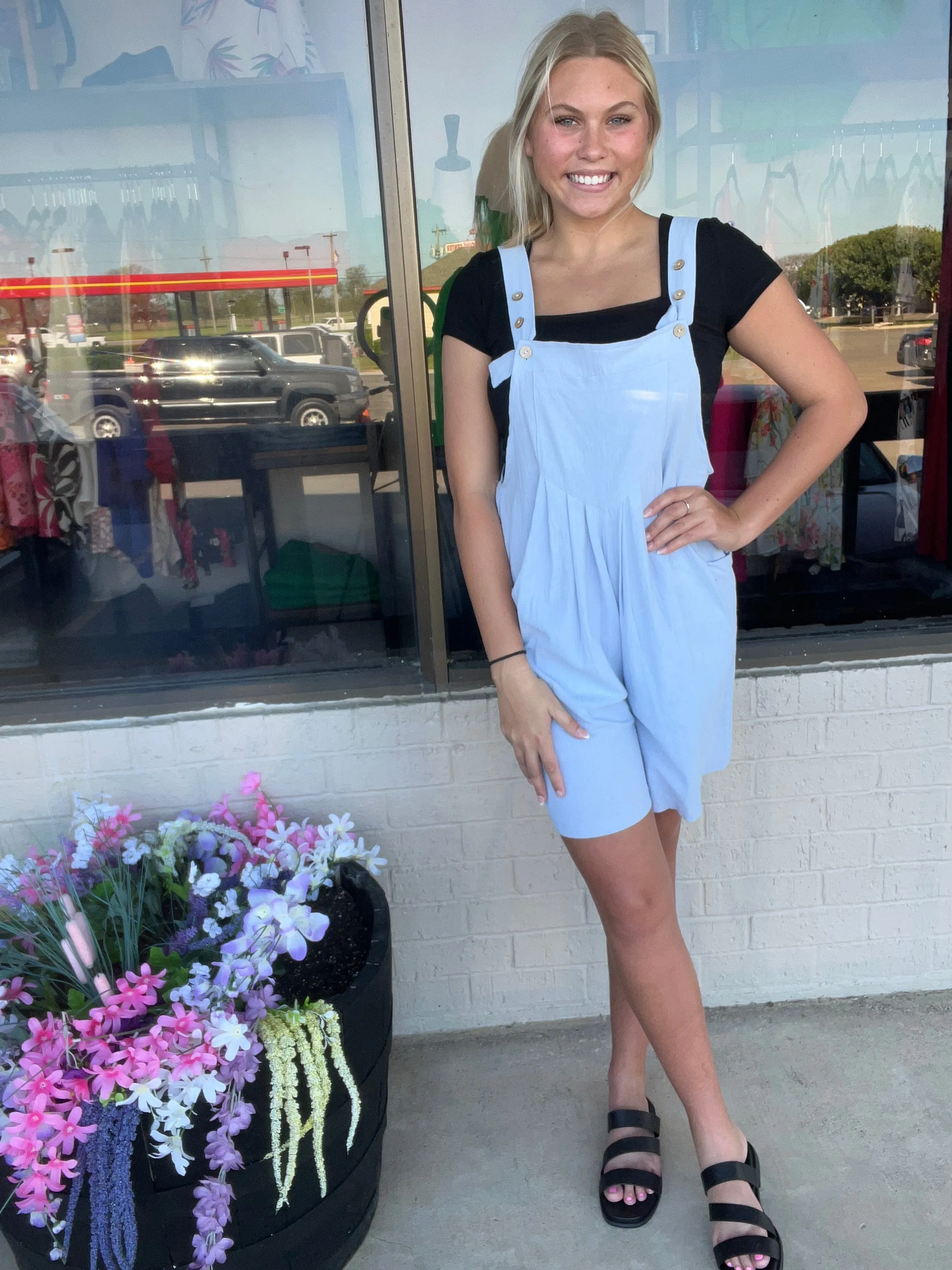 Sky blue Casual Short Jumpsuit with Adjustable Straps-Lovesoft