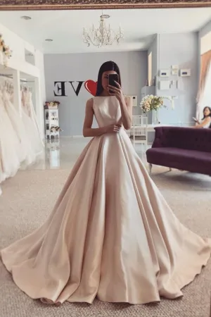 Sleeveless Satin Champagne Wedding Gown Simple 2020
