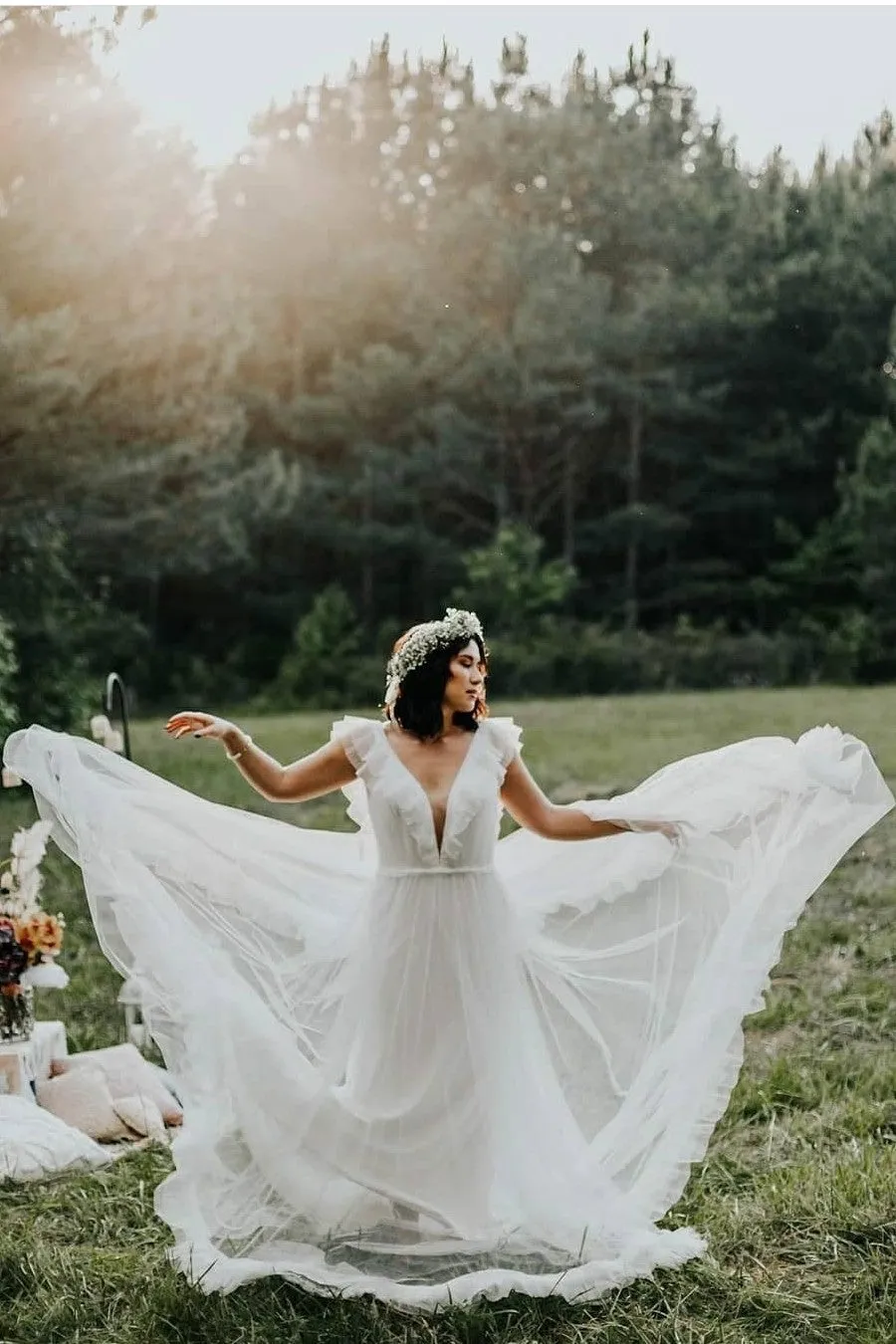 Soft Tulle Wedding Dress with Flounced V-neckline