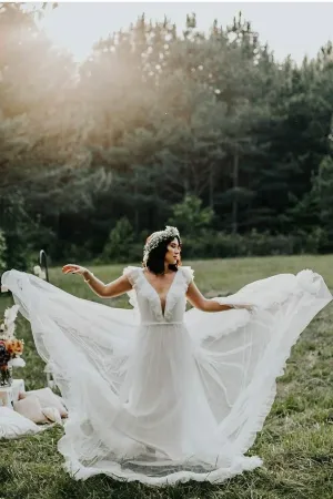 Soft Tulle Wedding Dress with Flounced V-neckline