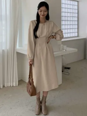 Solid Fold Pleated Detail A-line Dress