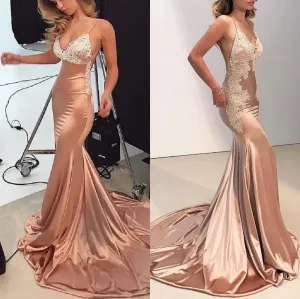 Spaghetti Strap Champagne Satin Open Back Dress