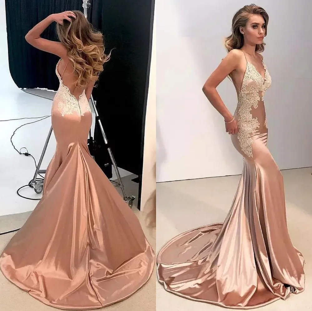 Spaghetti Strap Champagne Satin Open Back Dress