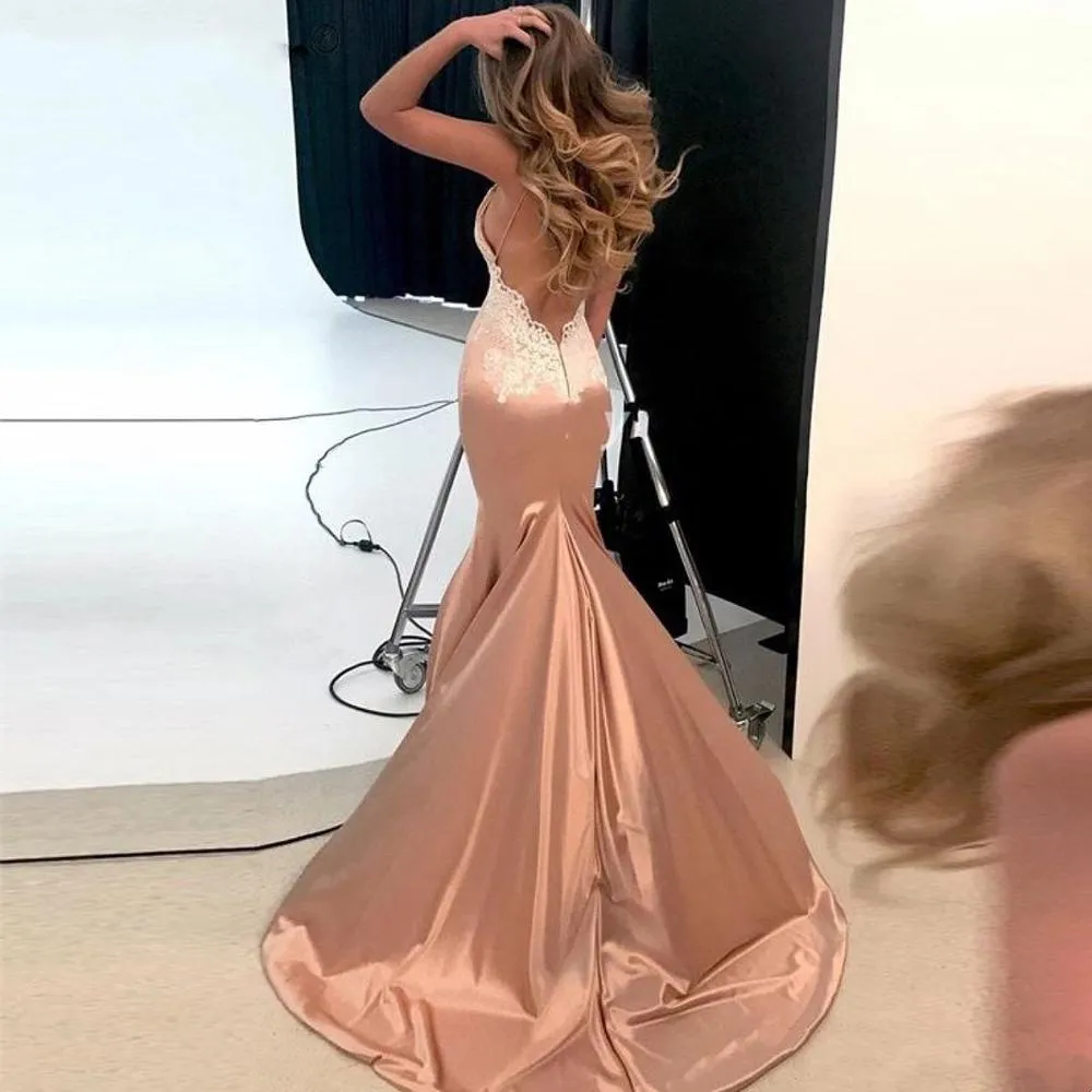 Spaghetti Strap Champagne Satin Open Back Dress