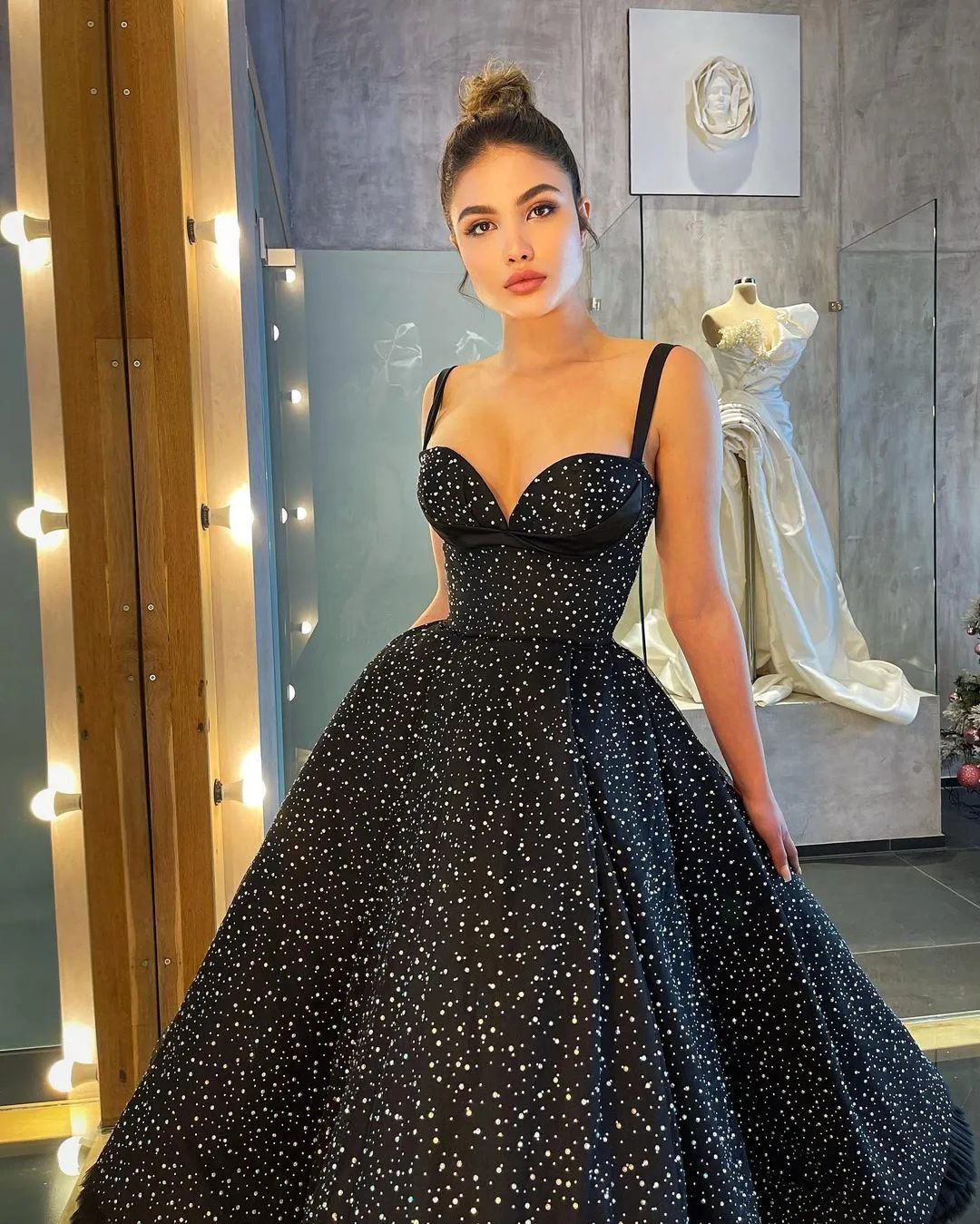 Spaghetti Straps A-line Black Ball Gown Long Prom Dresses, PDS0258