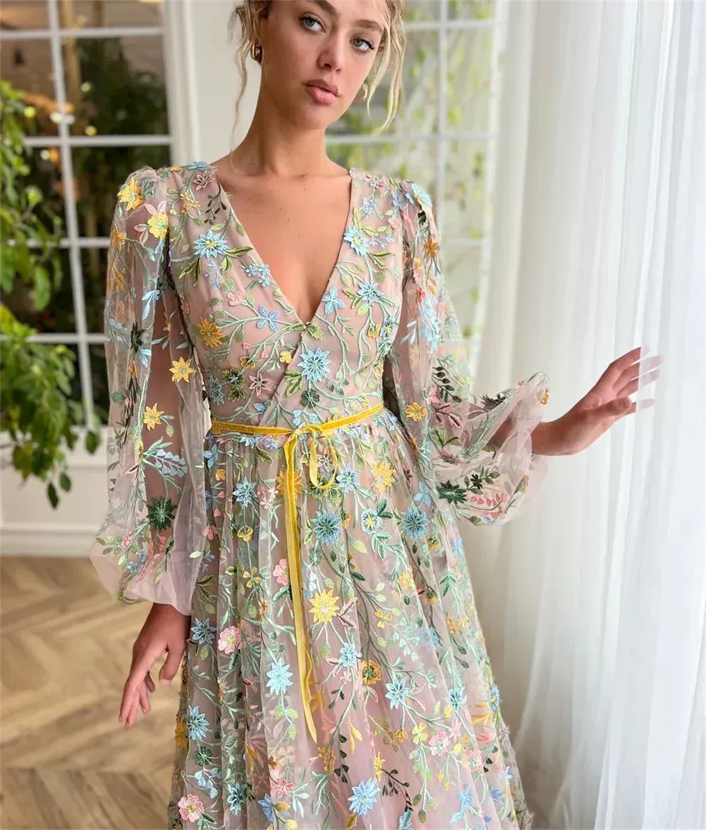 Spirit Flower Lace Vestidos De Noche Princess Puffy Sleeve A-line Sweet V-neck Spring Prom Dresses