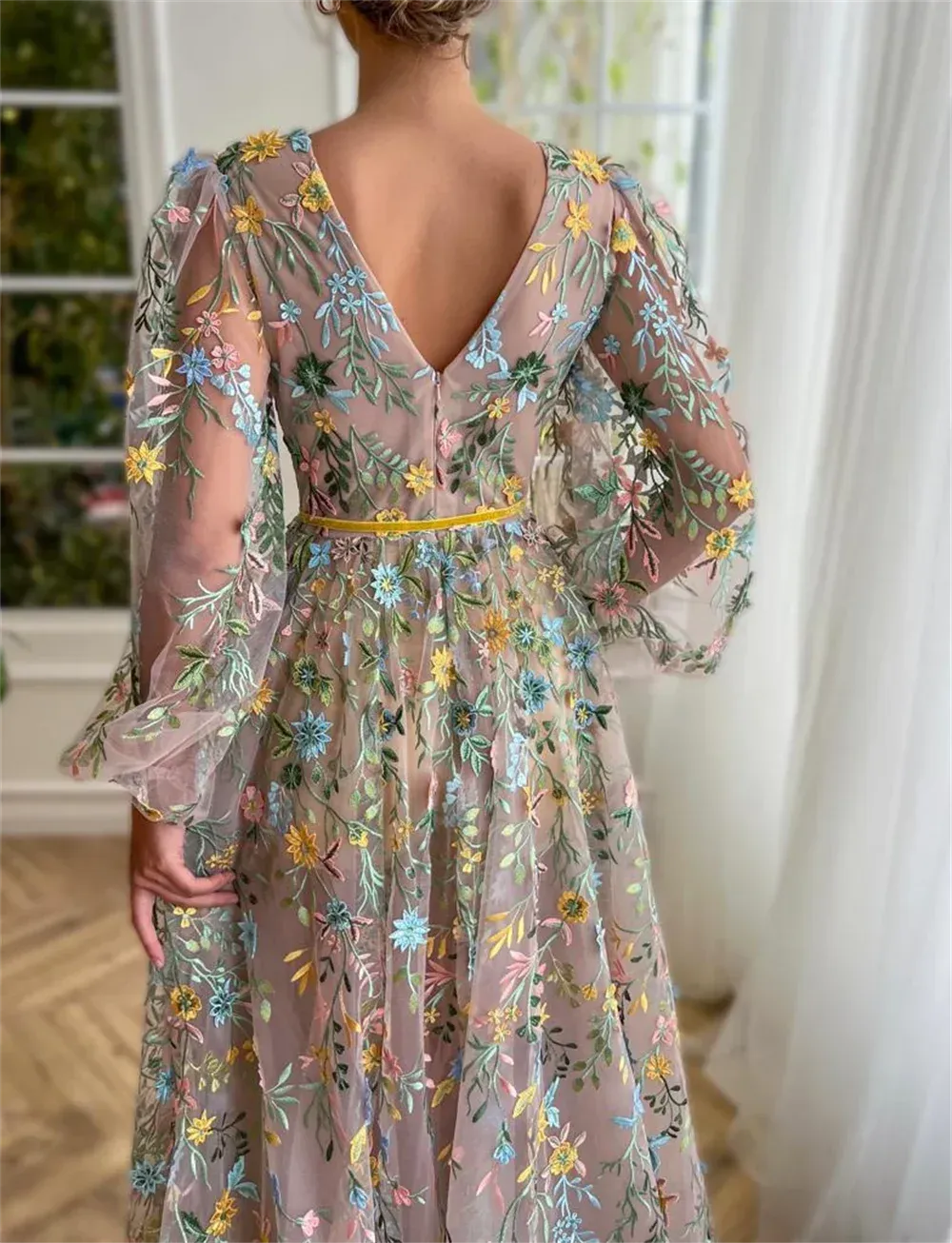 Spirit Flower Lace Vestidos De Noche Princess Puffy Sleeve A-line Sweet V-neck Spring Prom Dresses