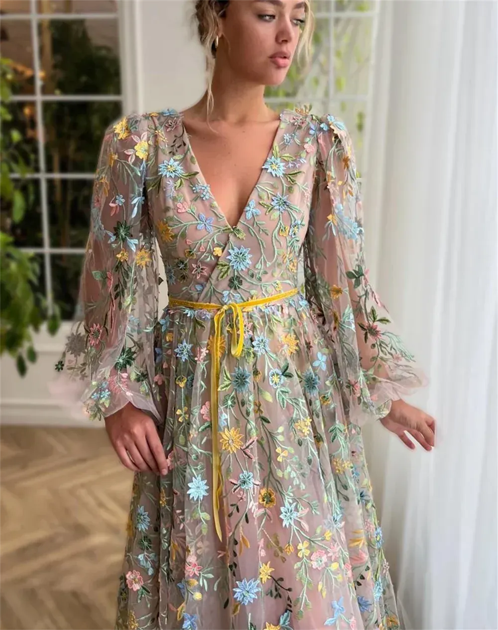 Spirit Flower Lace Vestidos De Noche Princess Puffy Sleeve A-line Sweet V-neck Spring Prom Dresses