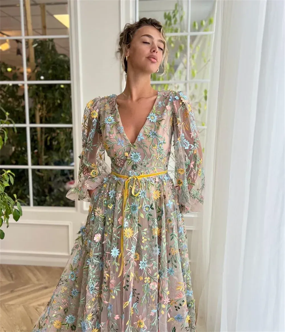 Spirit Flower Lace Vestidos De Noche Princess Puffy Sleeve A-line Sweet V-neck Spring Prom Dresses