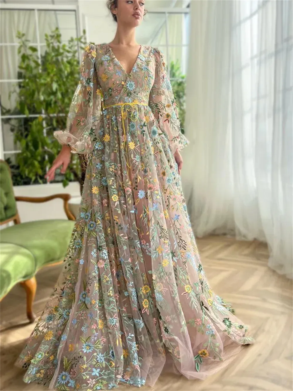 Spirit Flower Lace Vestidos De Noche Princess Puffy Sleeve A-line Sweet V-neck Spring Prom Dresses