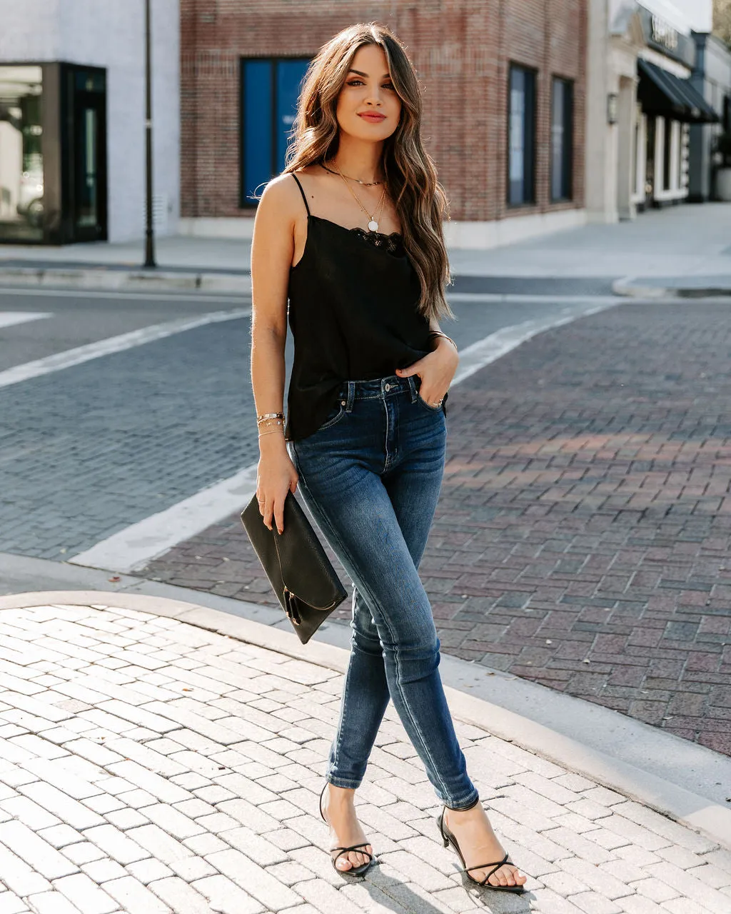 Stop And Stare Cowl Neck Lace Cami Tank - Black - FINAL SALE