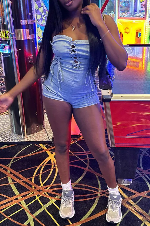 storexq Denim Solid Color Kitsch Cutout Strappy Romper