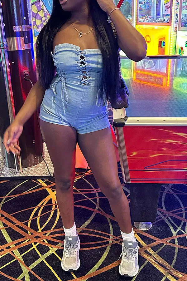 storexq Denim Solid Color Kitsch Cutout Strappy Romper