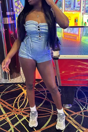 storexq Denim Solid Color Kitsch Cutout Strappy Romper