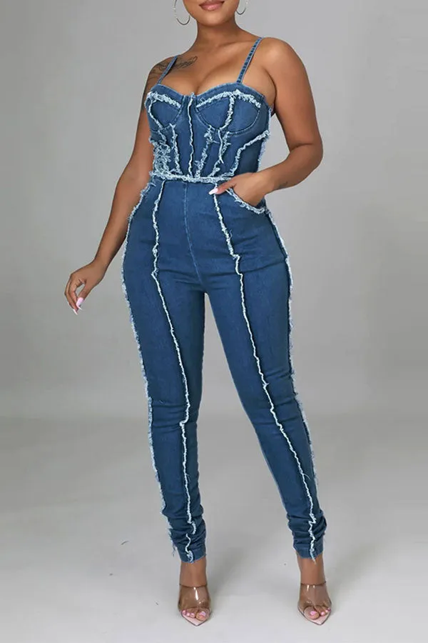 storexq Patchwork Smart Spaghetti Strap Denim Jumpsuit