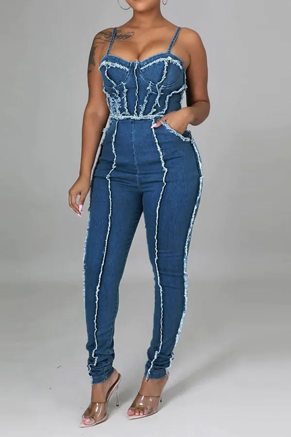 storexq Patchwork Smart Spaghetti Strap Denim Jumpsuit