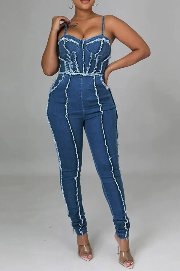 storexq Patchwork Smart Spaghetti Strap Denim Jumpsuit