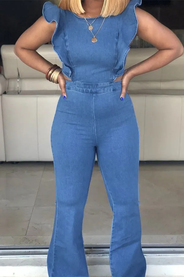 storexq Solid Color Sweet Ruffle Shoulder Denim Jumpsuit
