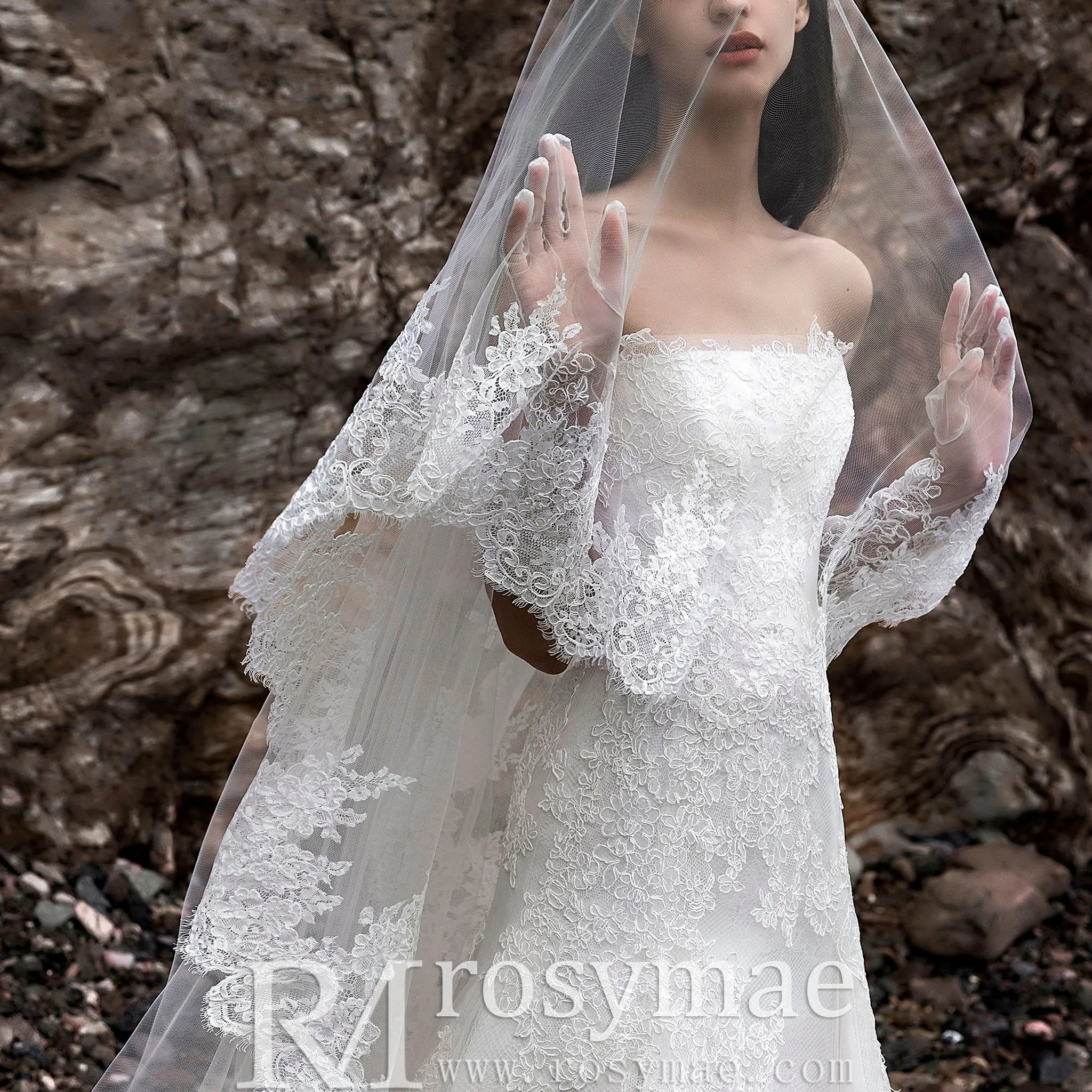 Strapless A-line Lace Beach Wedding Dress with Straight Neckline