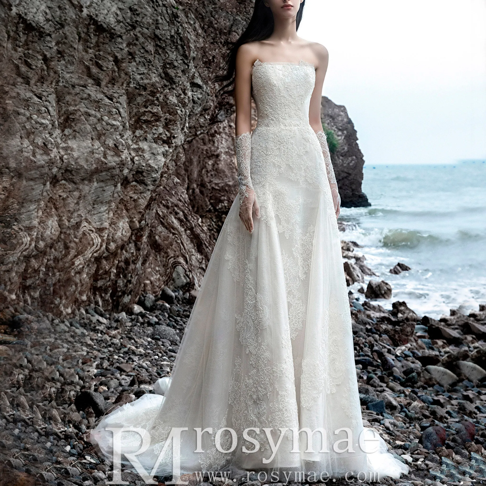 Strapless A-line Lace Beach Wedding Dress with Straight Neckline
