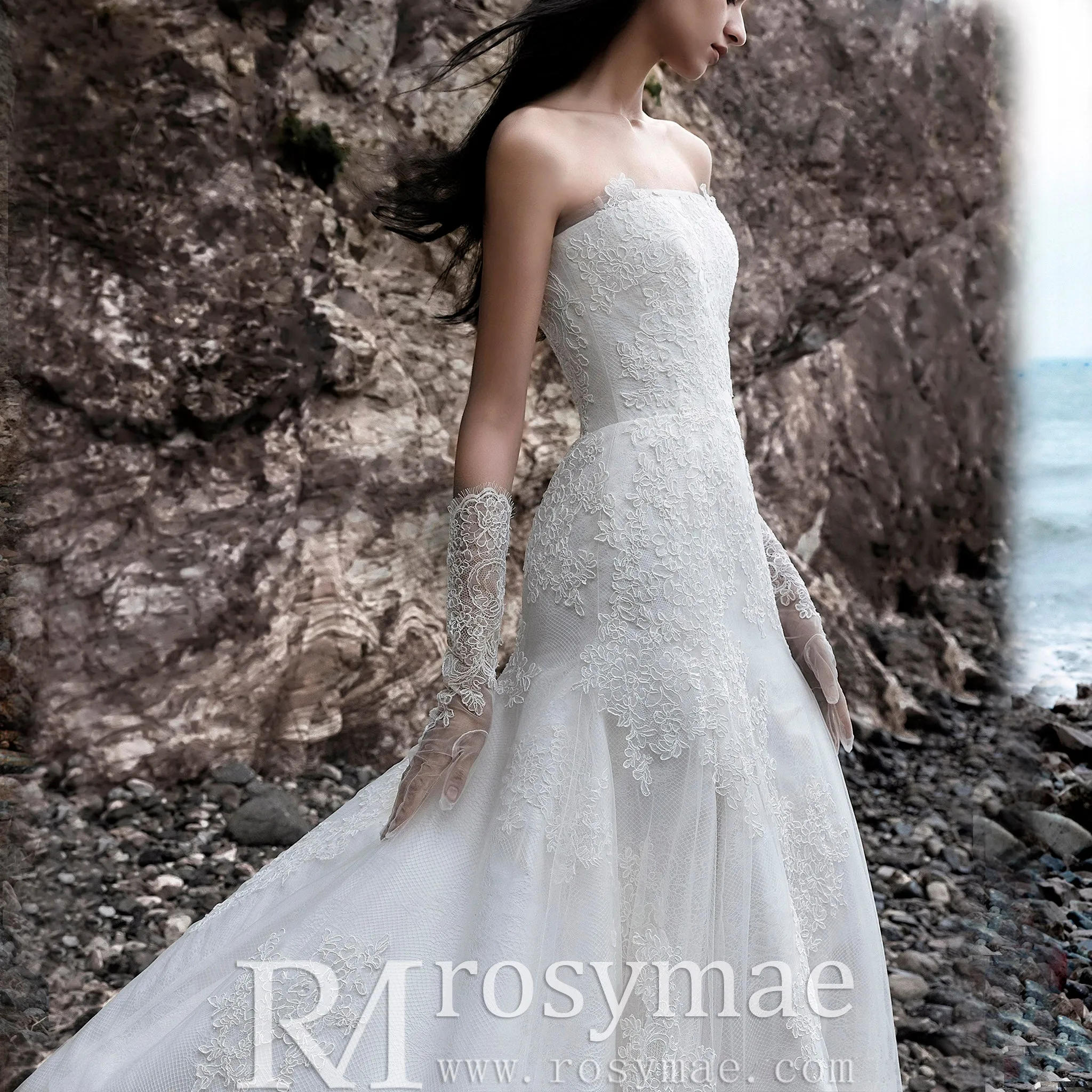 Strapless A-line Lace Beach Wedding Dress with Straight Neckline