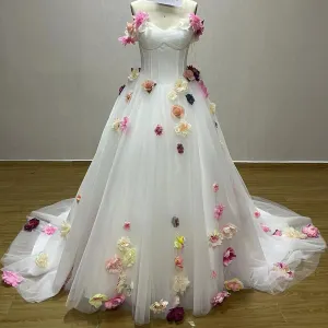 Strapless Tulle A-line Wedding Dress with Handmade 3D Flowers