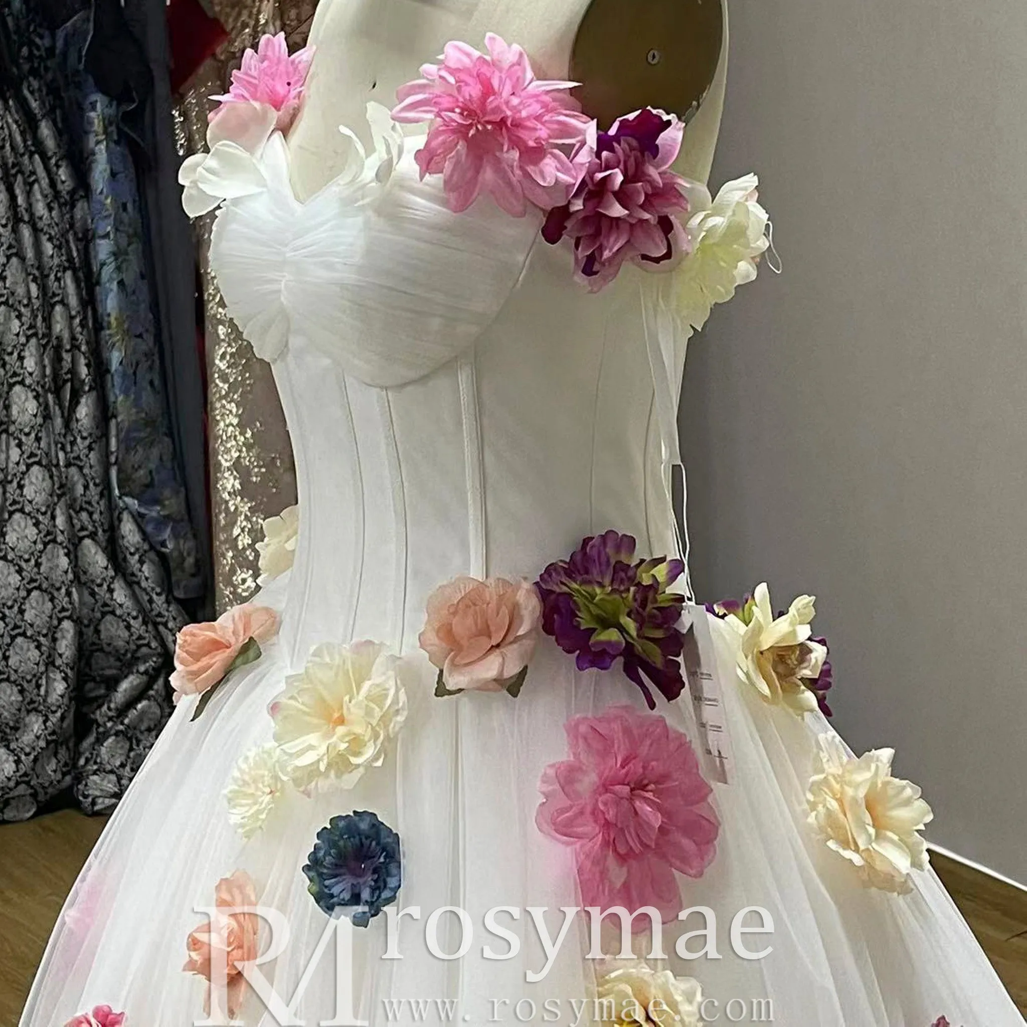Strapless Tulle A-line Wedding Dress with Handmade 3D Flowers