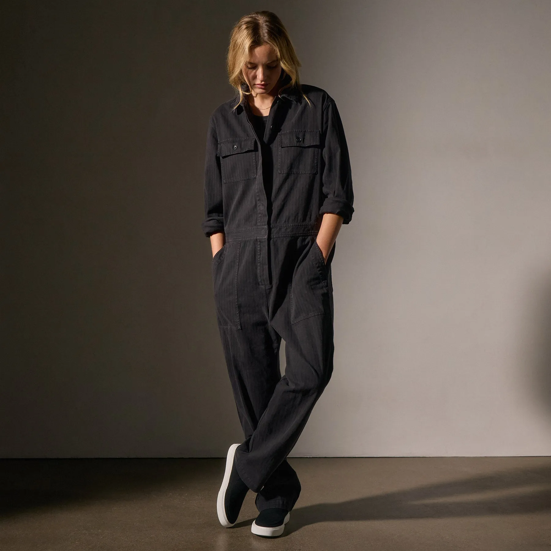Stretch Herringbone Jumpsuit - Black