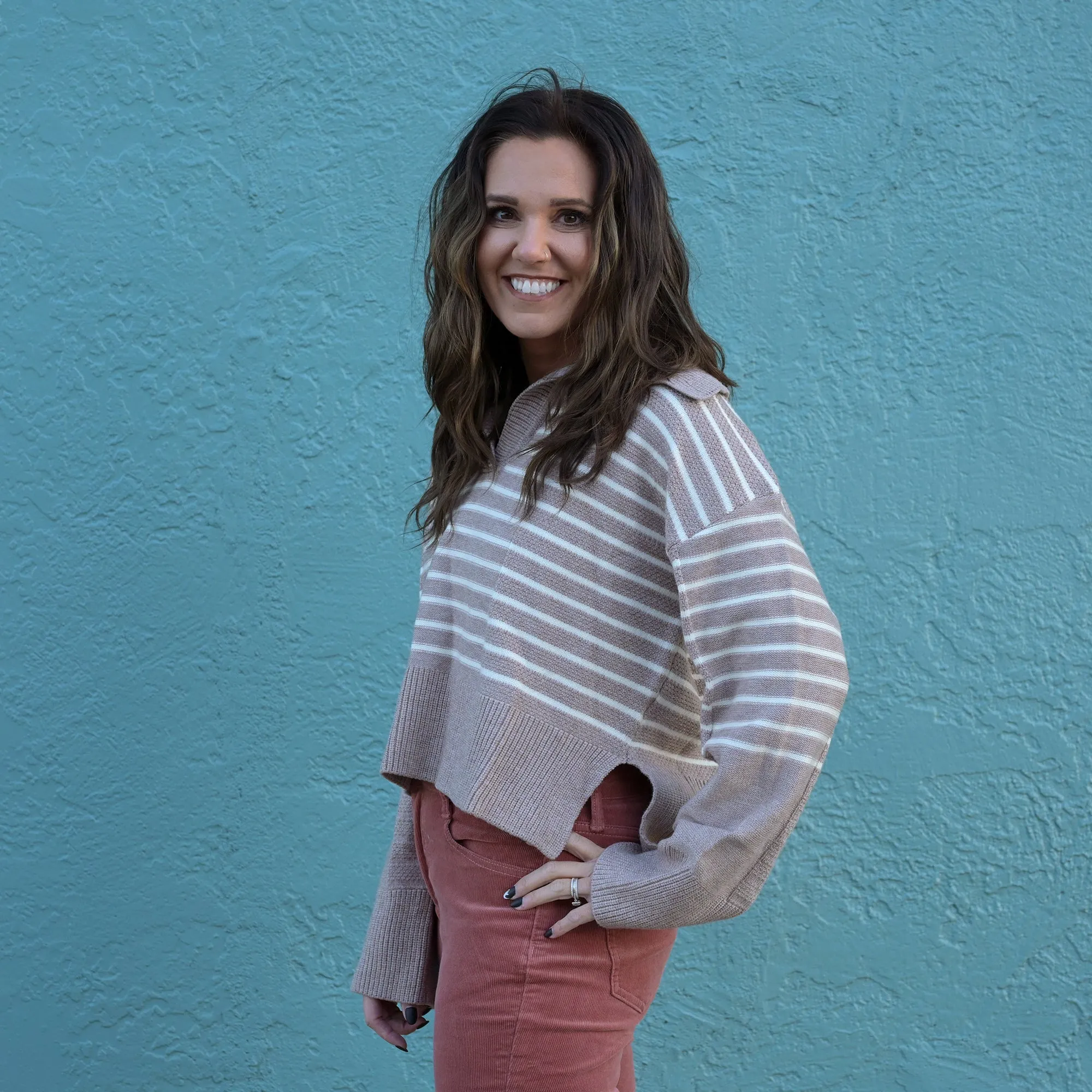 Striped V-Neck Big Collar Sweater