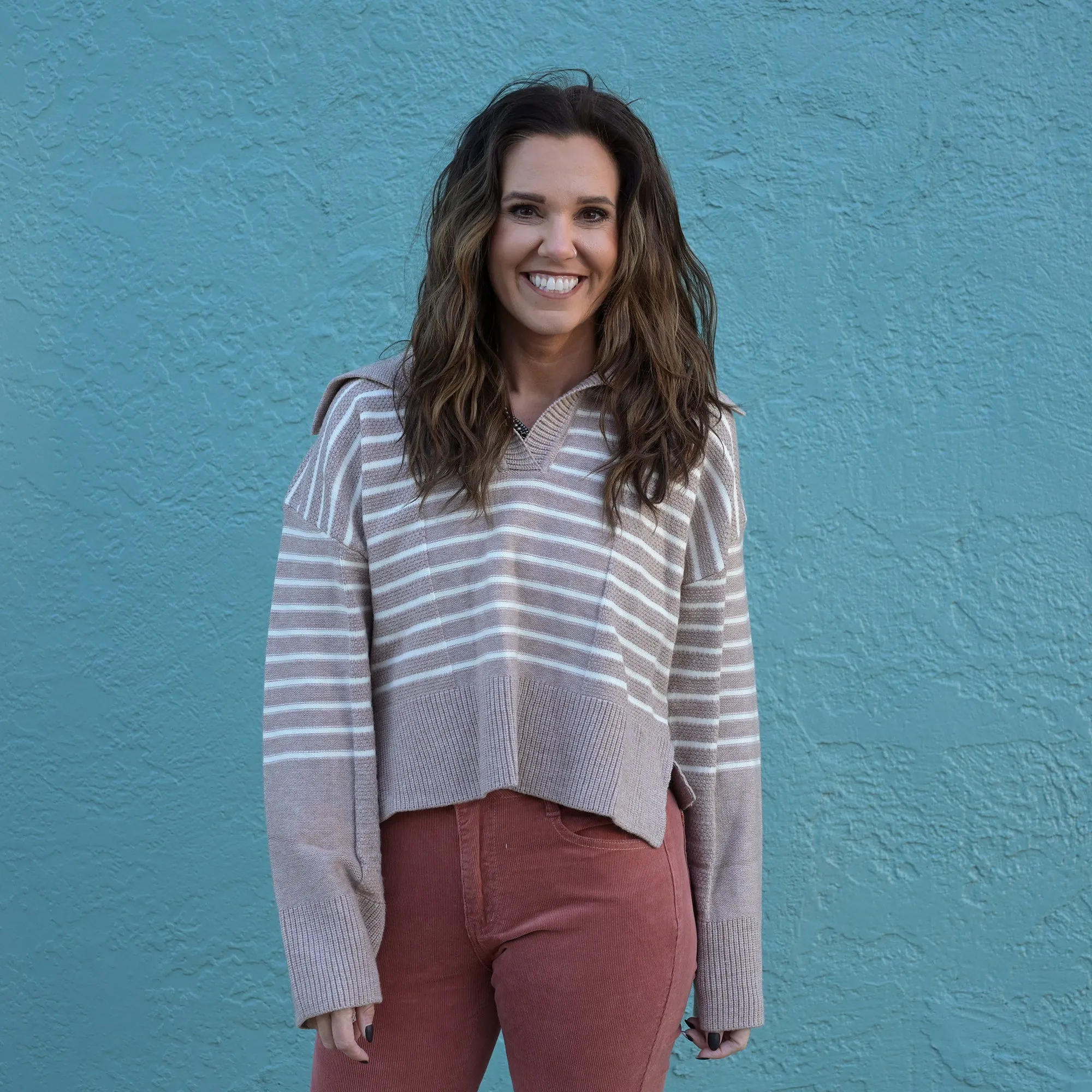 Striped V-Neck Big Collar Sweater